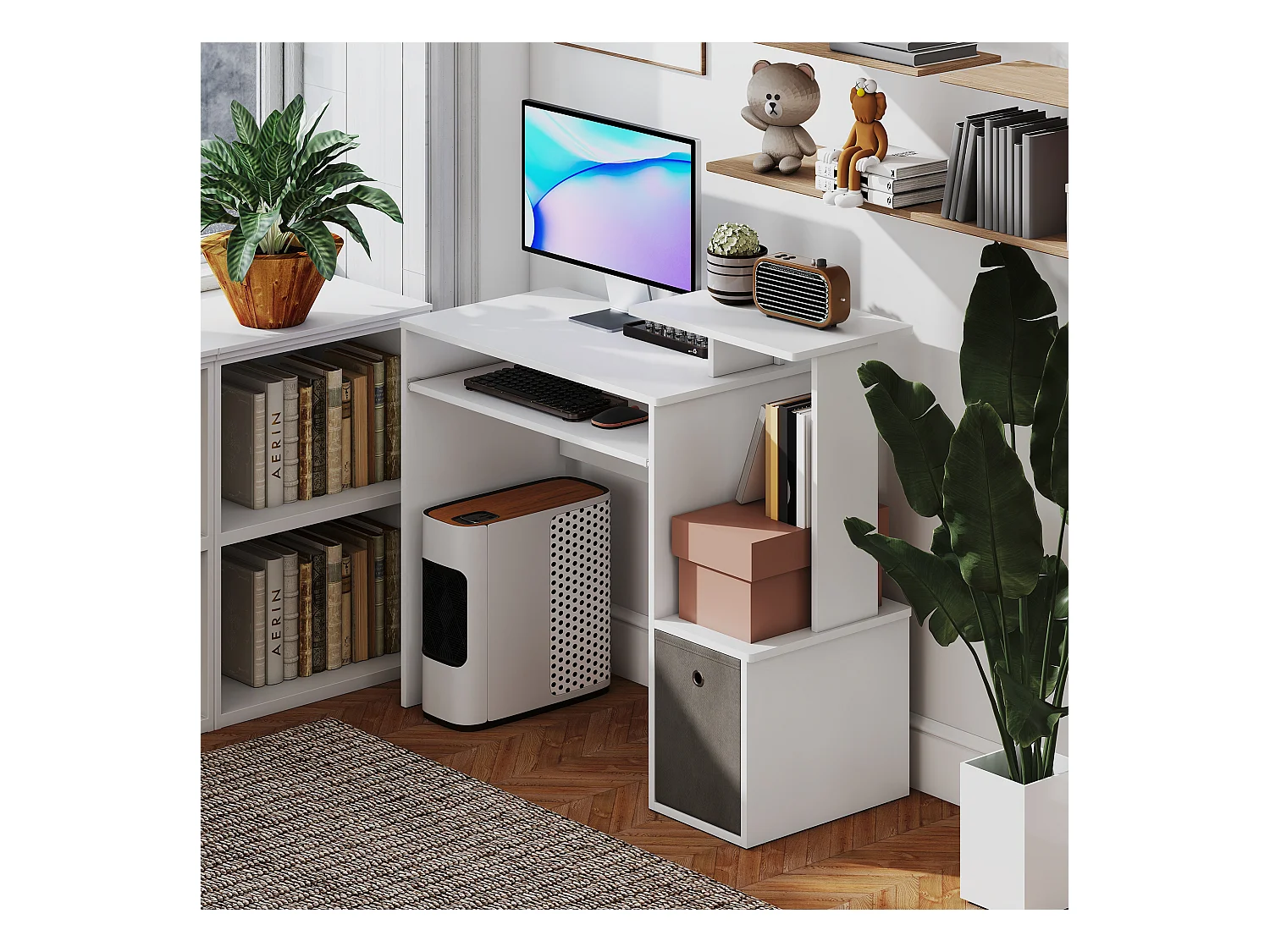 Scrivania pc moderna con porta tastiera e cassetto in tessuto