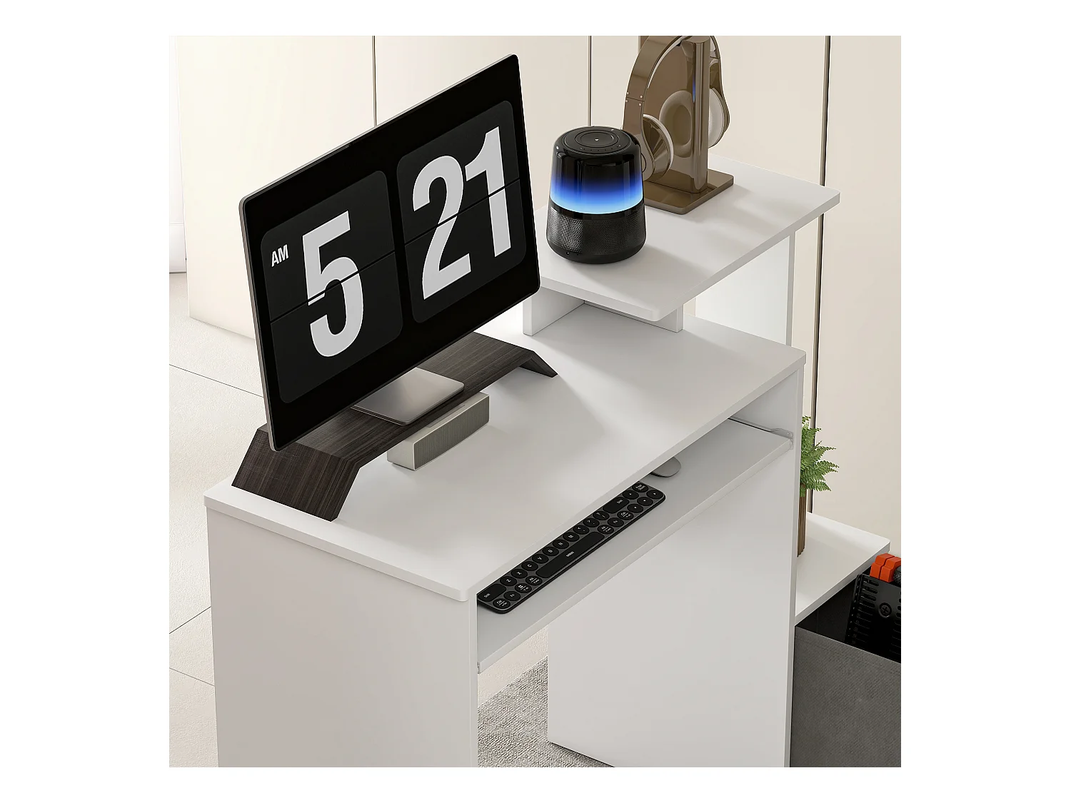 Scrivania pc moderna con porta tastiera e cassetto in tessuto