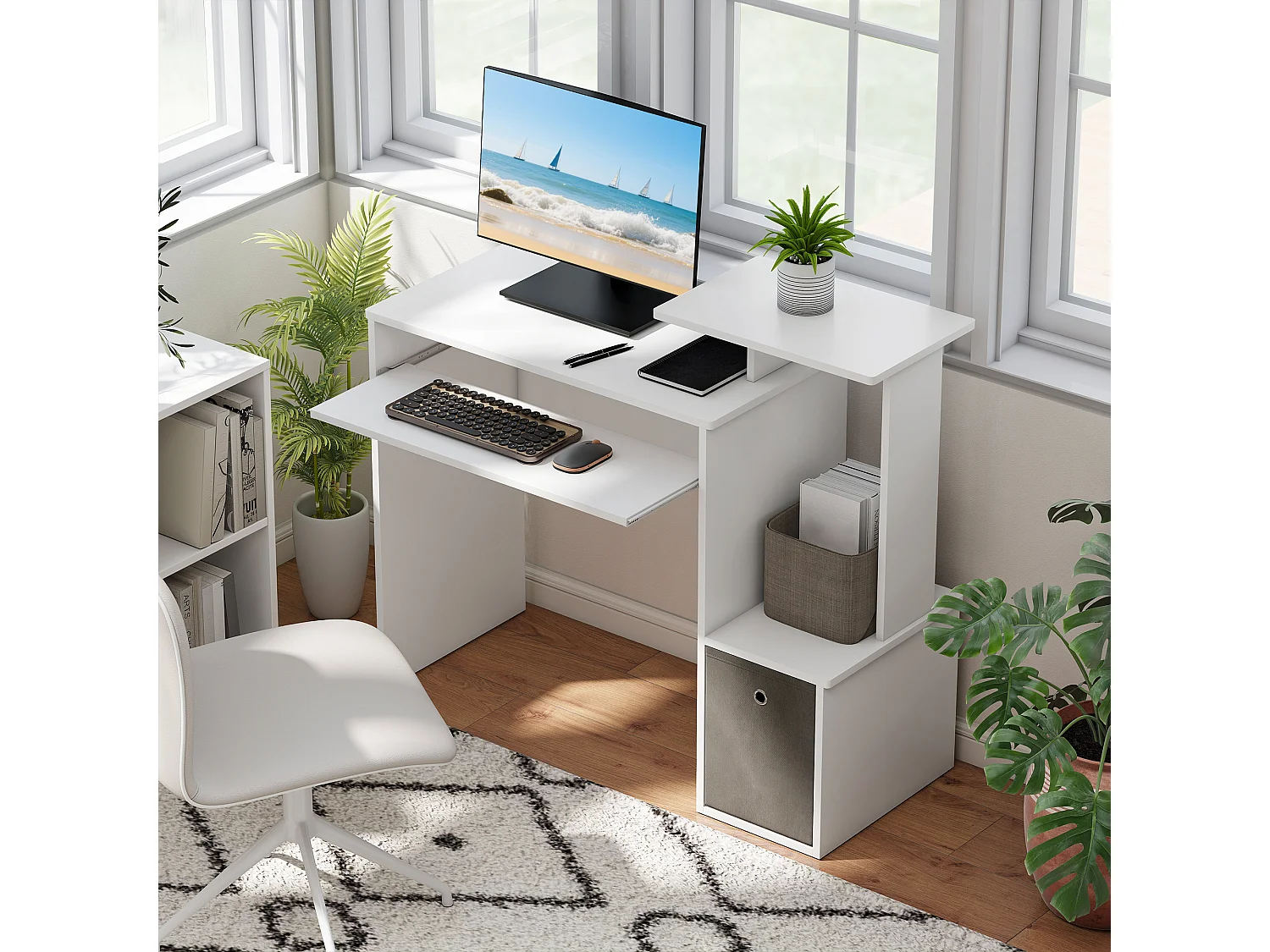 Scrivania pc moderna con porta tastiera e cassetto in tessuto