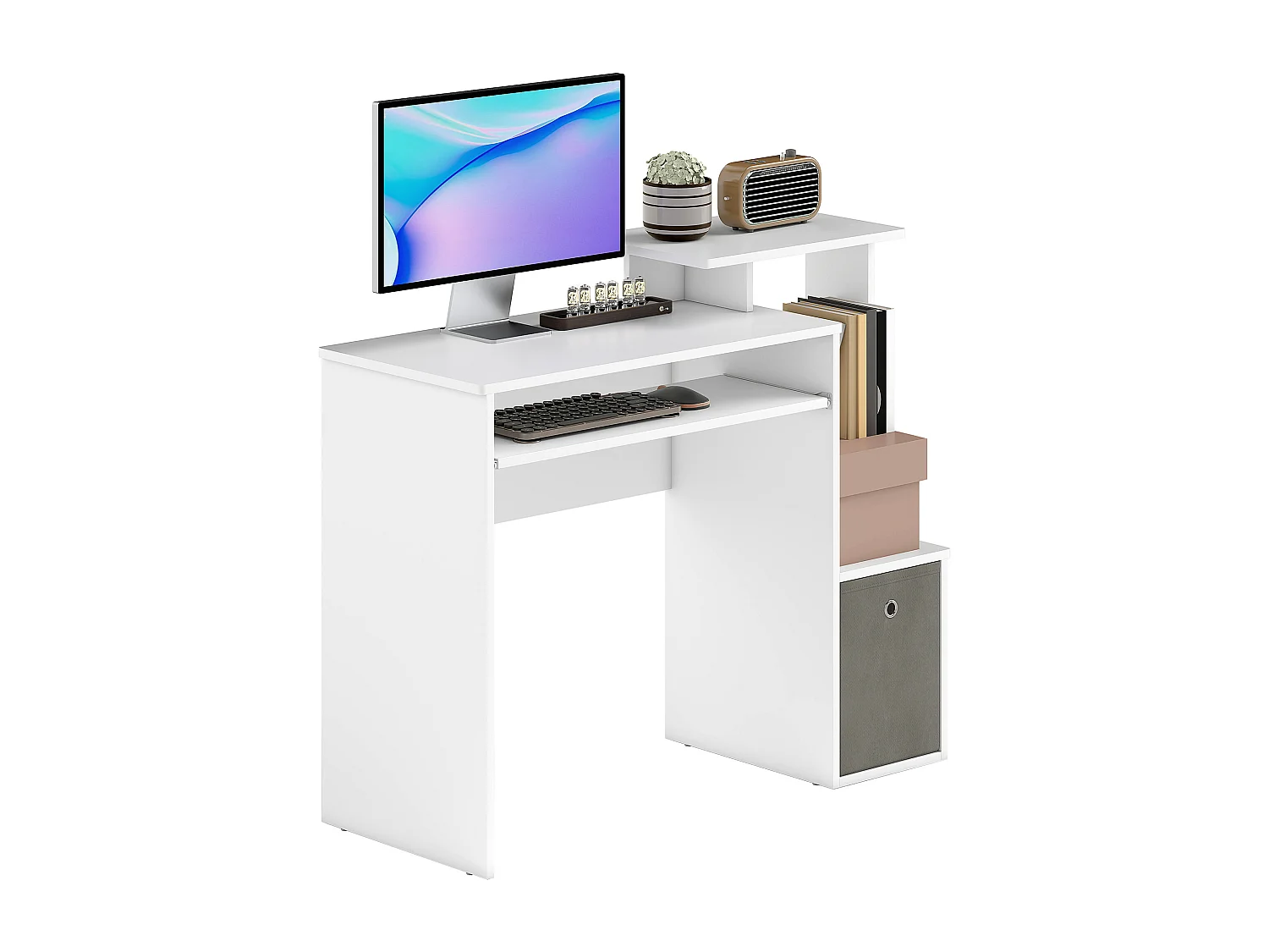 Scrivania pc moderna con porta tastiera e cassetto in tessuto