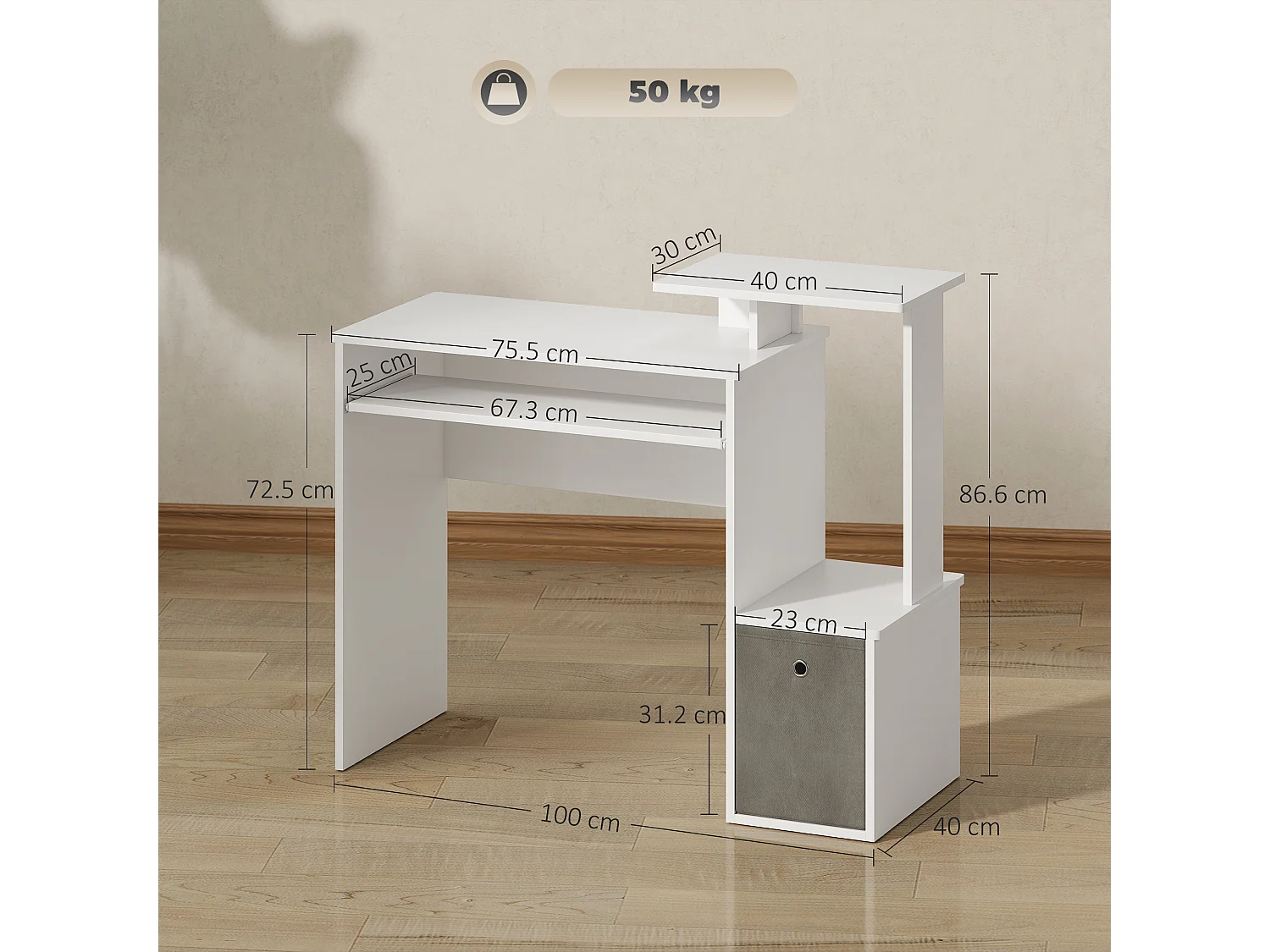 Scrivania pc moderna con porta tastiera e cassetto in tessuto