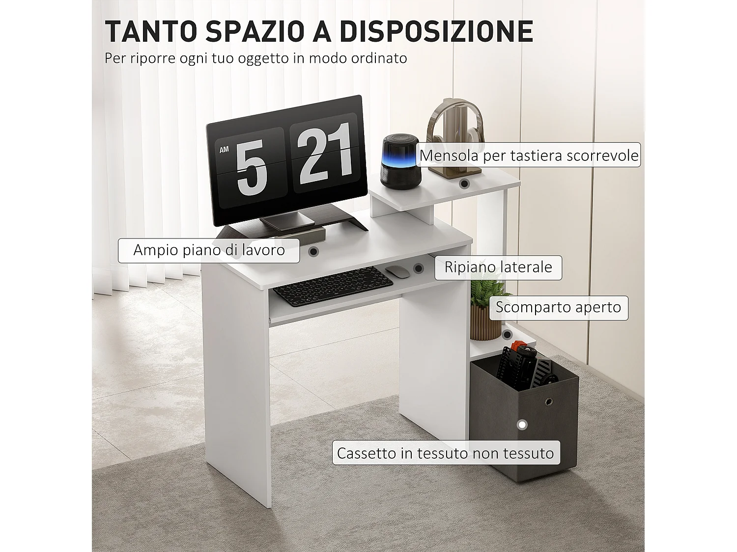 Scrivania pc moderna con porta tastiera e cassetto in tessuto