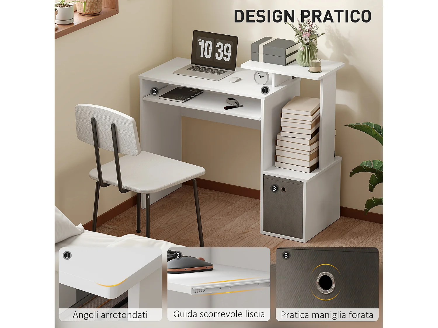 Scrivania pc moderna con porta tastiera e cassetto in tessuto