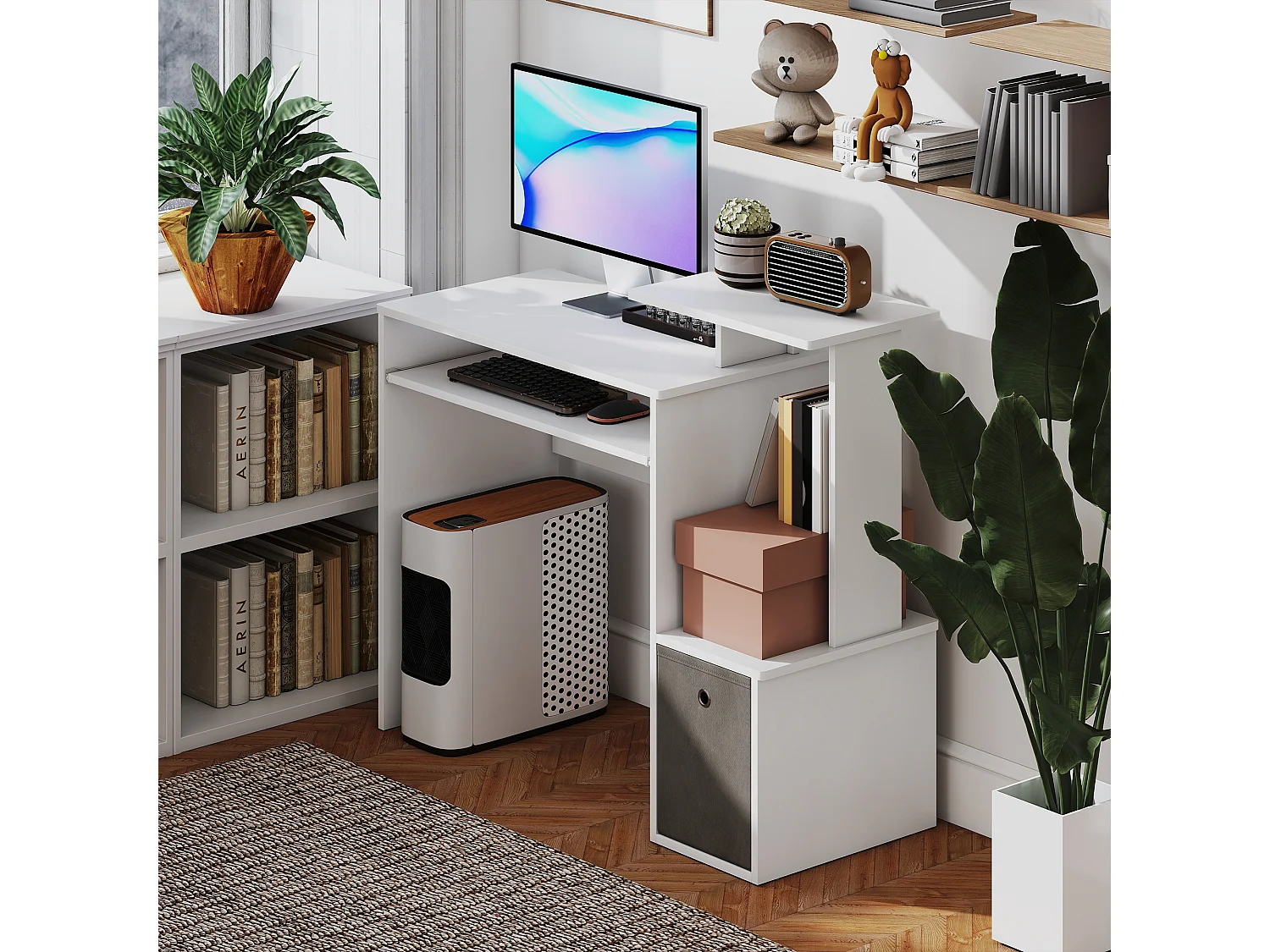 Scrivania pc moderna con porta tastiera e cassetto in tessuto