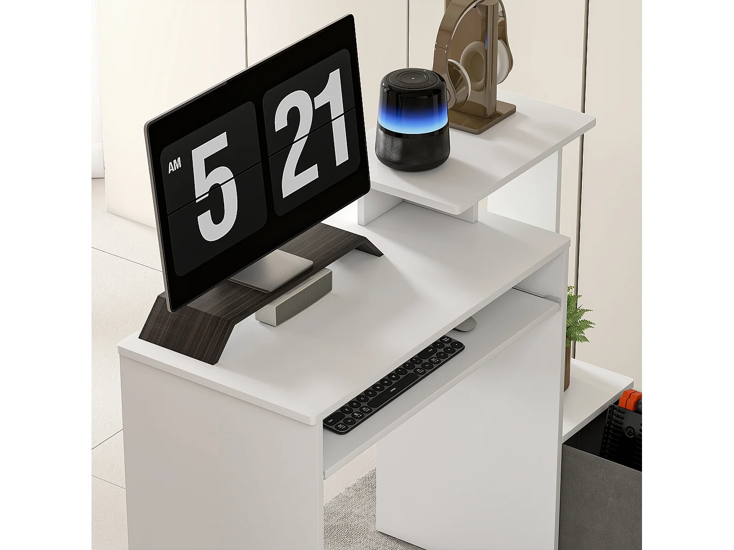 Scrivania pc moderna con porta tastiera e cassetto in tessuto