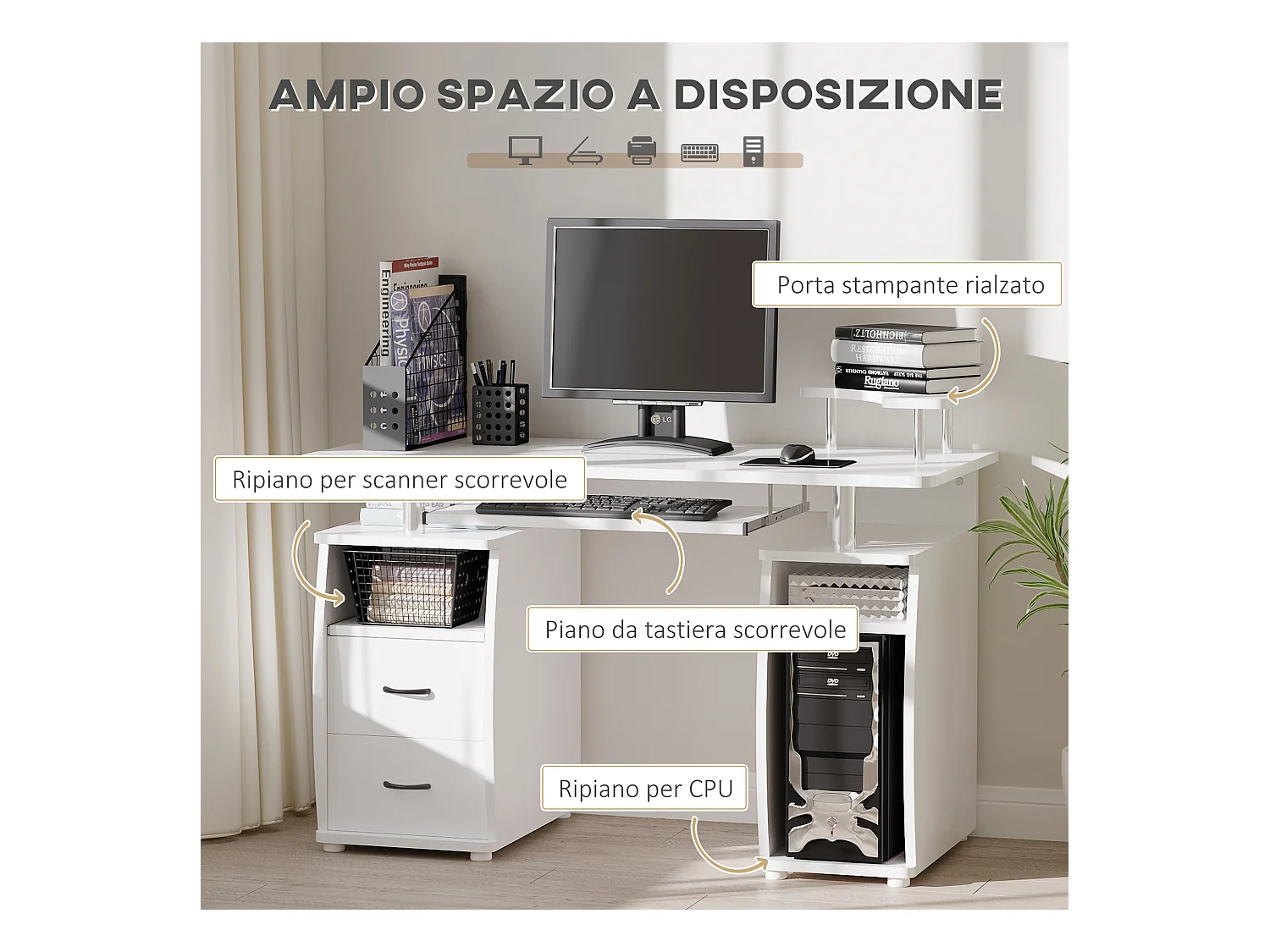 Scrivania per pc con ripiani e 2 cassetti in truciolato bianca