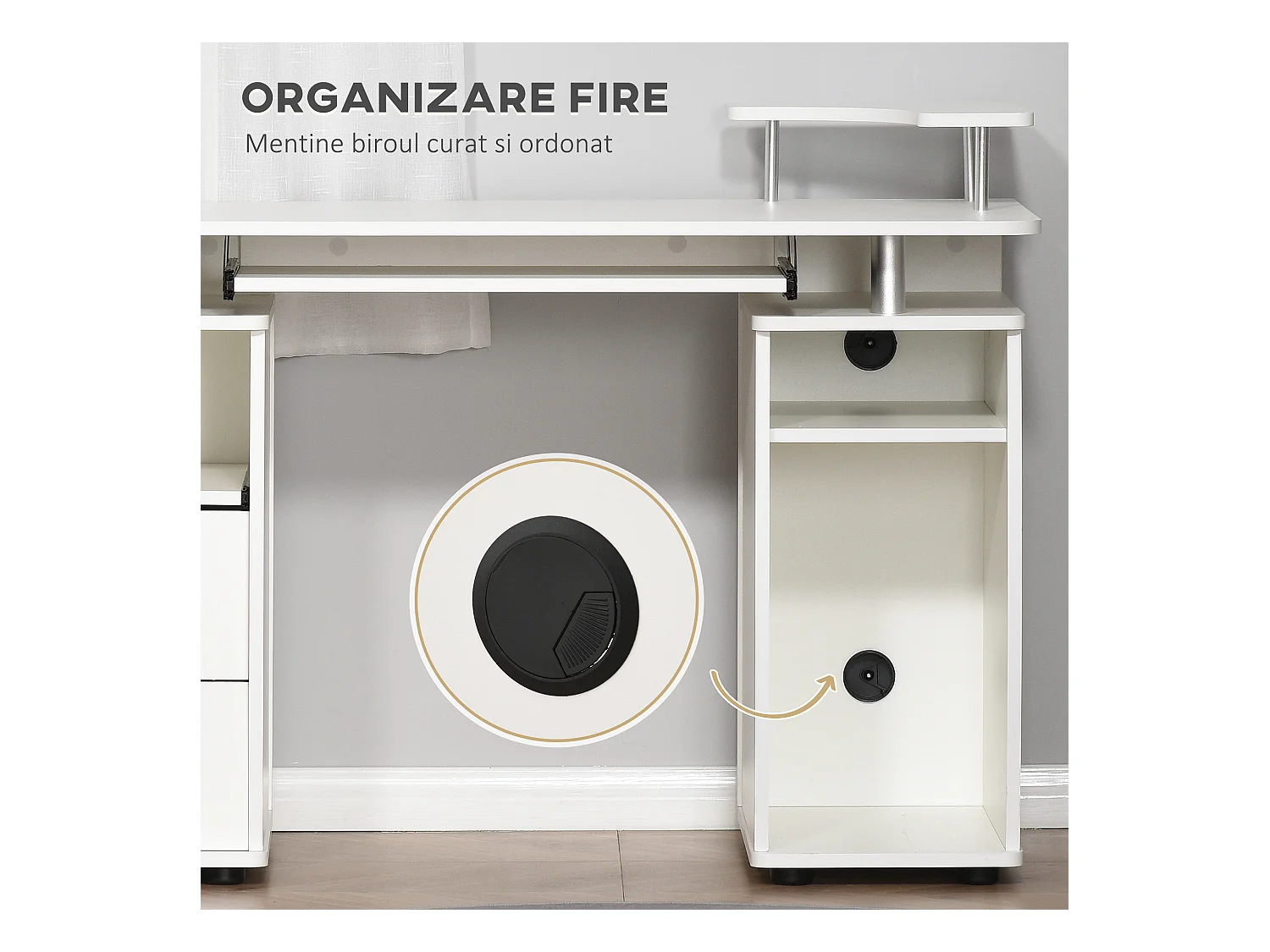 Scrivania per pc con ripiani e 2 cassetti in truciolato bianca