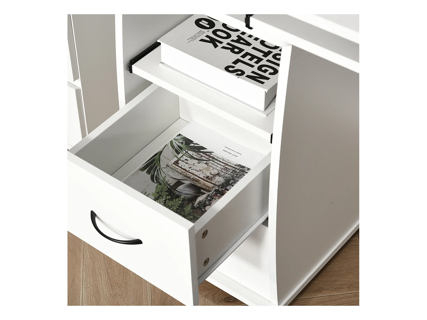 Scrivania per pc con ripiani e 2 cassetti in truciolato bianca