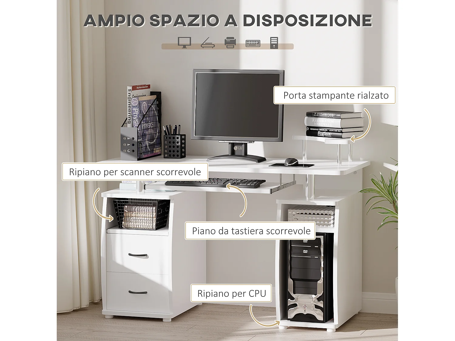 Scrivania per pc con ripiani e 2 cassetti in truciolato bianca