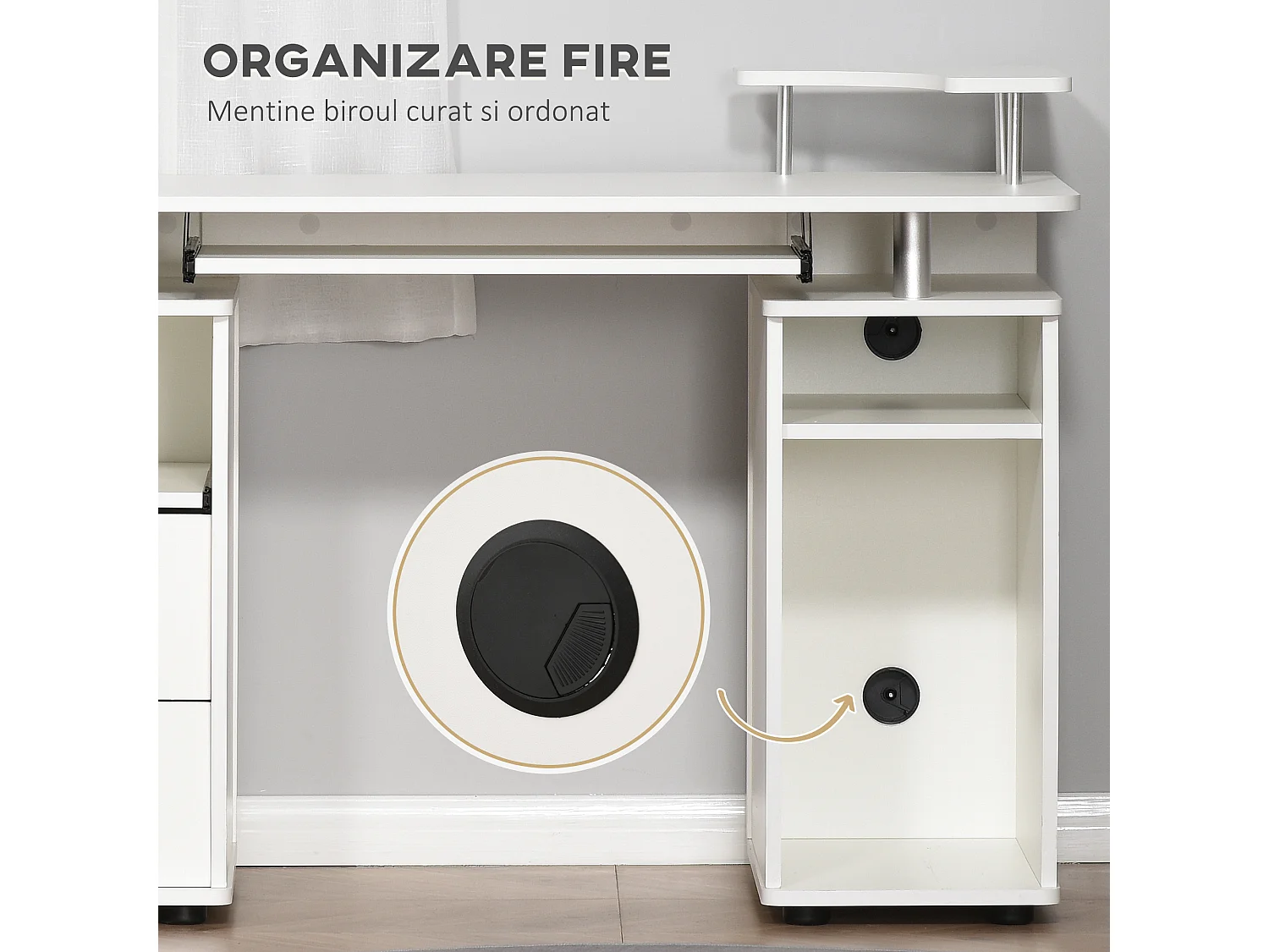 Scrivania per pc con ripiani e 2 cassetti in truciolato bianca