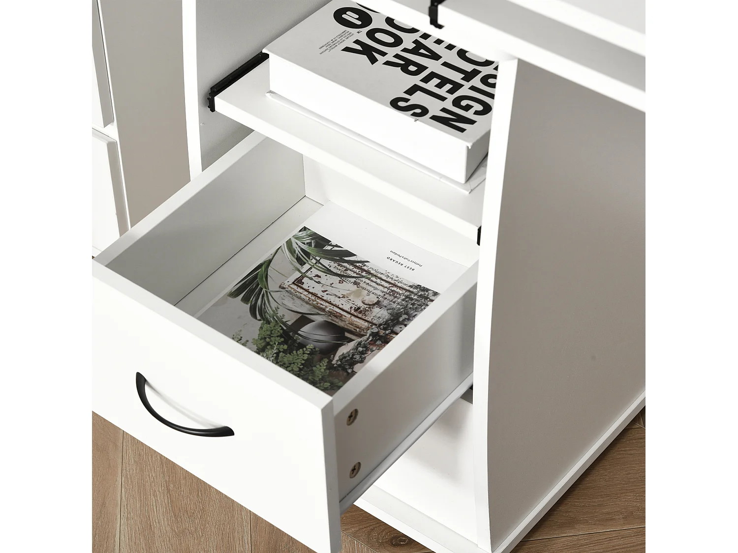 Scrivania per pc con ripiani e 2 cassetti in truciolato bianca