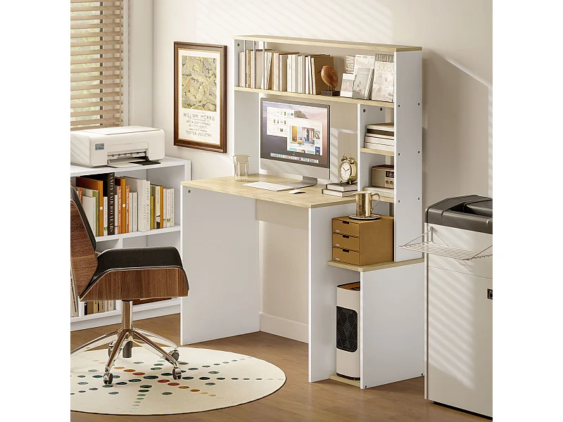 Scrivania moderna per pc con scaffale in legno rovere e bianco