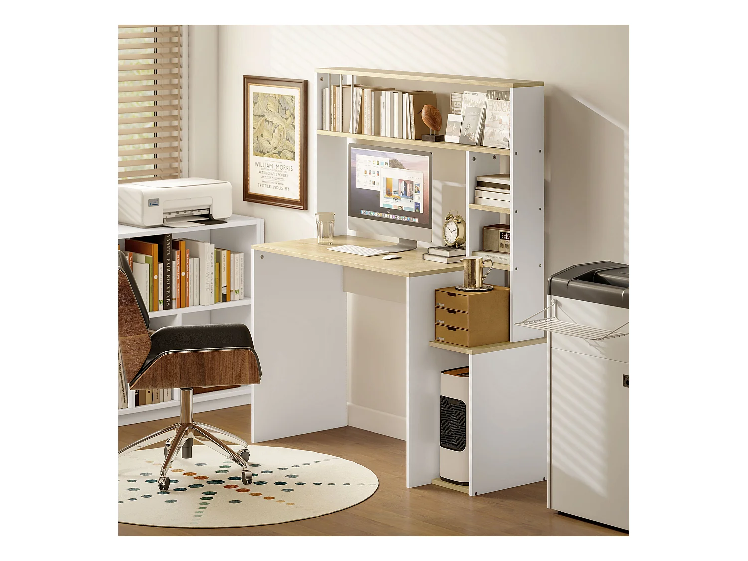 Scrivania moderna per pc con scaffale in legno rovere e bianco