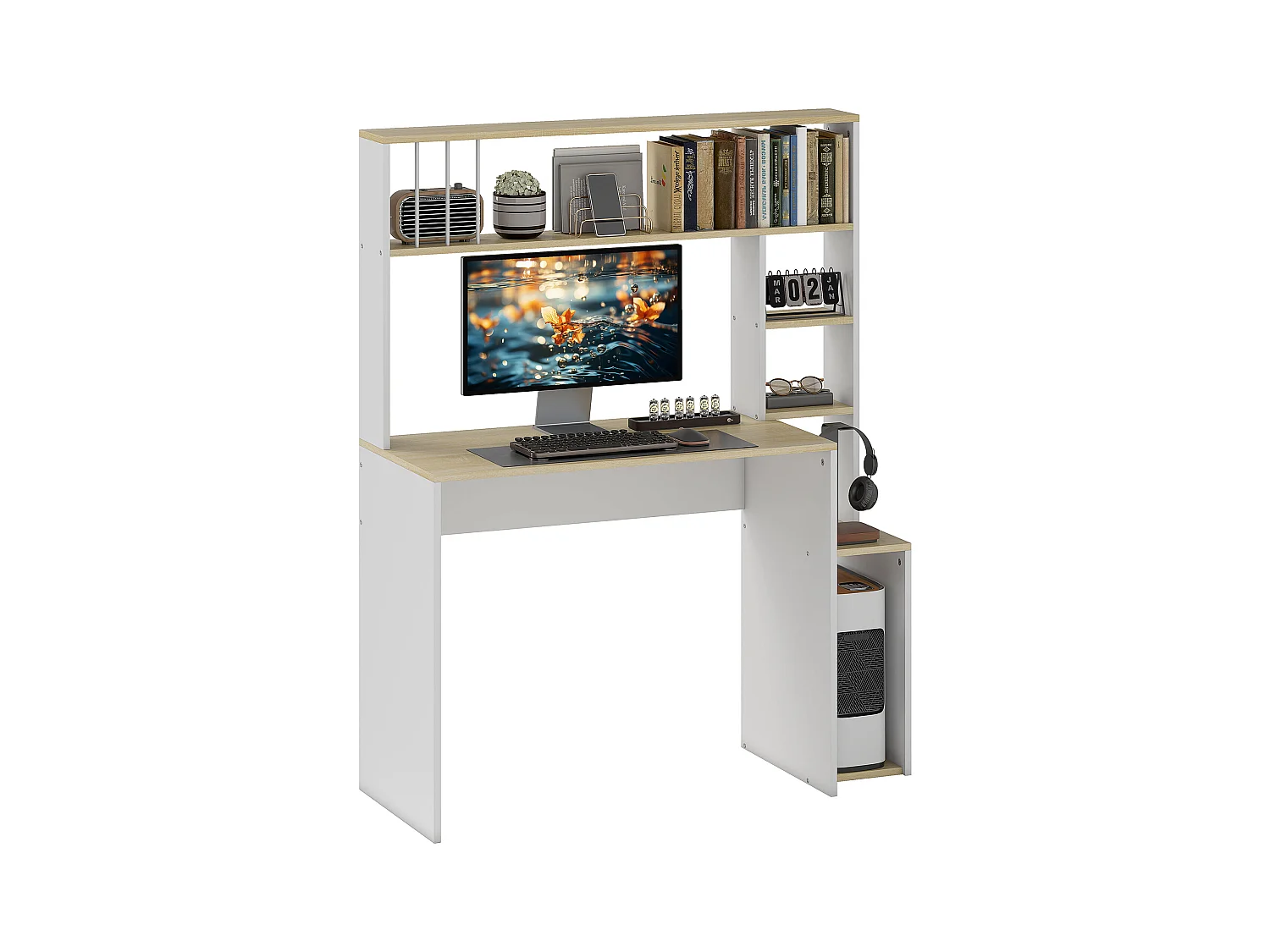 Scrivania moderna per pc con scaffale in legno rovere e bianco