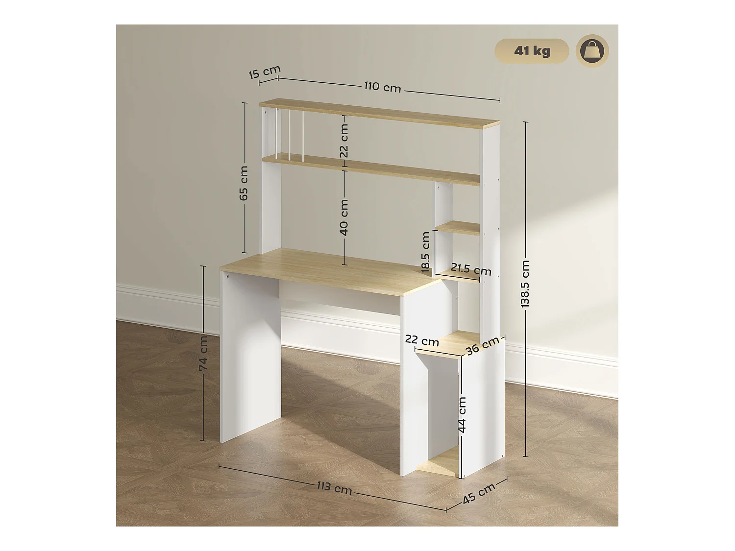 Scrivania moderna per pc con scaffale in legno rovere e bianco
