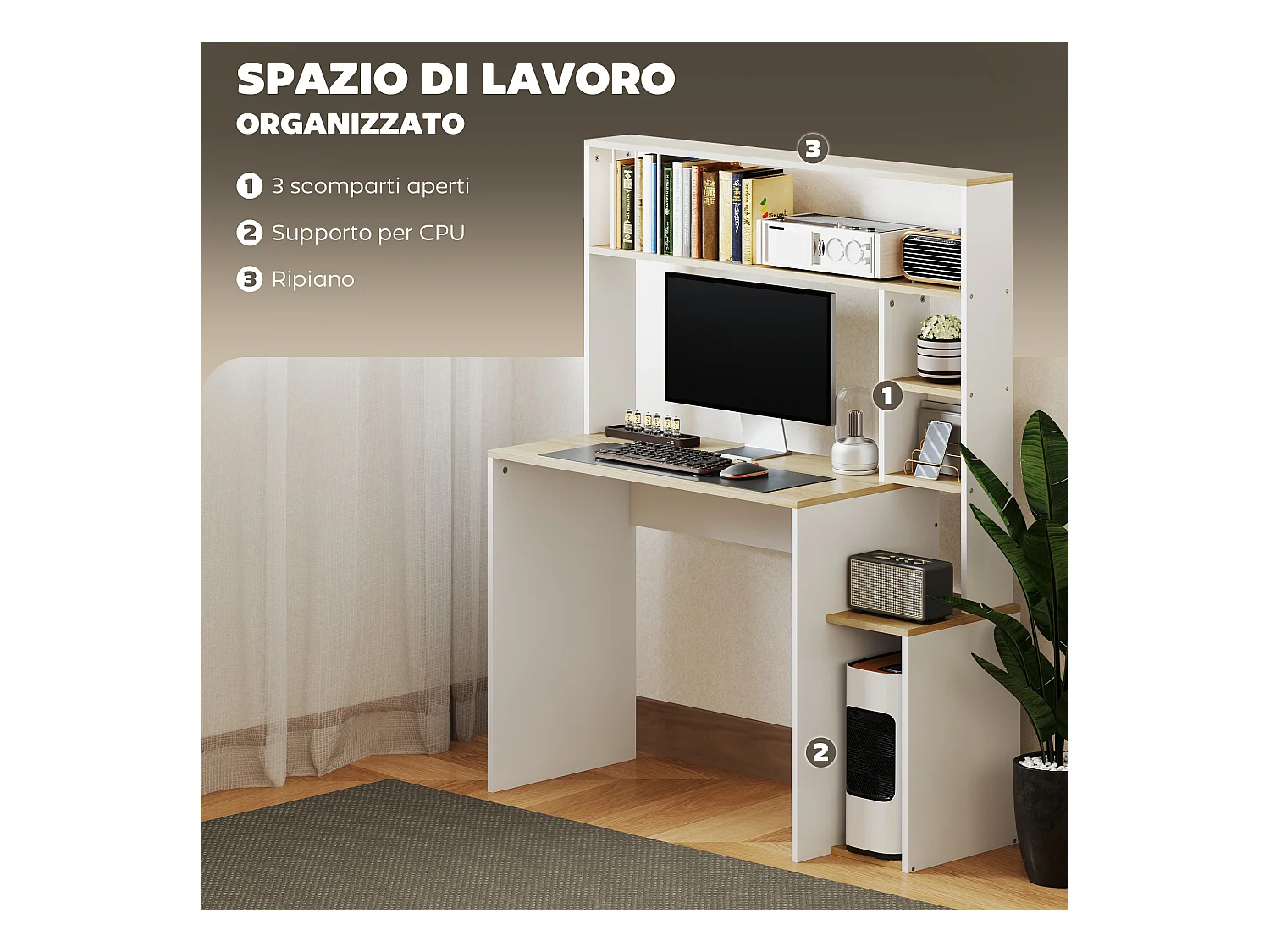 Scrivania moderna per pc con scaffale in legno rovere e bianco