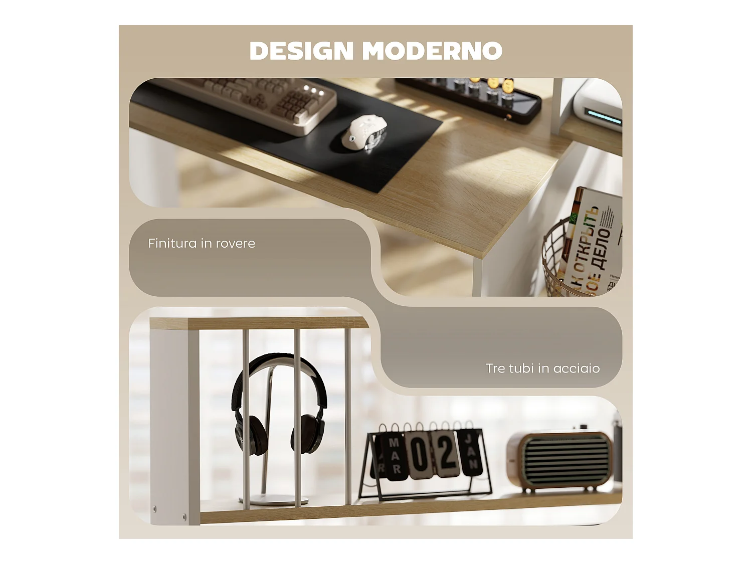 Scrivania moderna per pc con scaffale in legno rovere e bianco