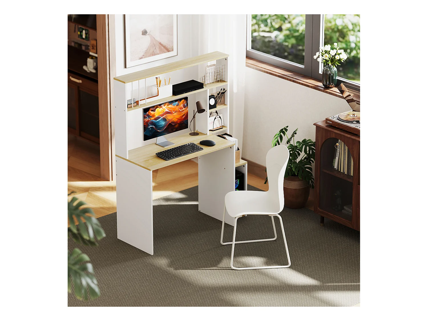 Scrivania moderna per pc con scaffale in legno rovere e bianco