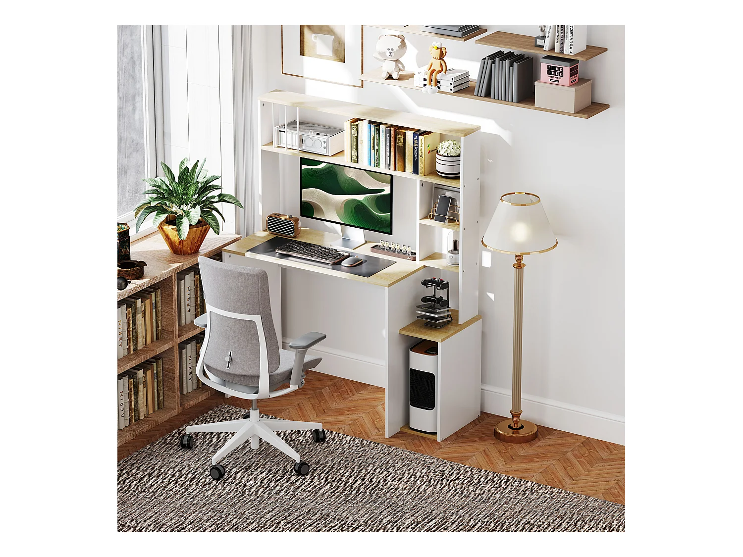 Scrivania moderna per pc con scaffale in legno rovere e bianco