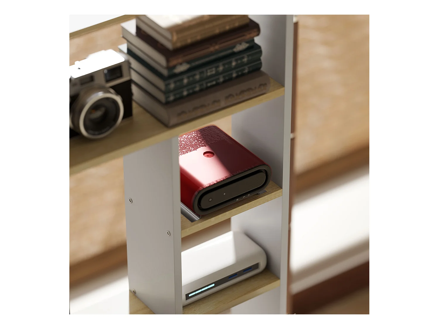 Scrivania moderna per pc con scaffale in legno rovere e bianco