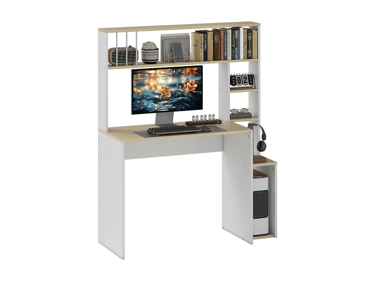 Scrivania moderna per pc con scaffale in legno rovere e bianco