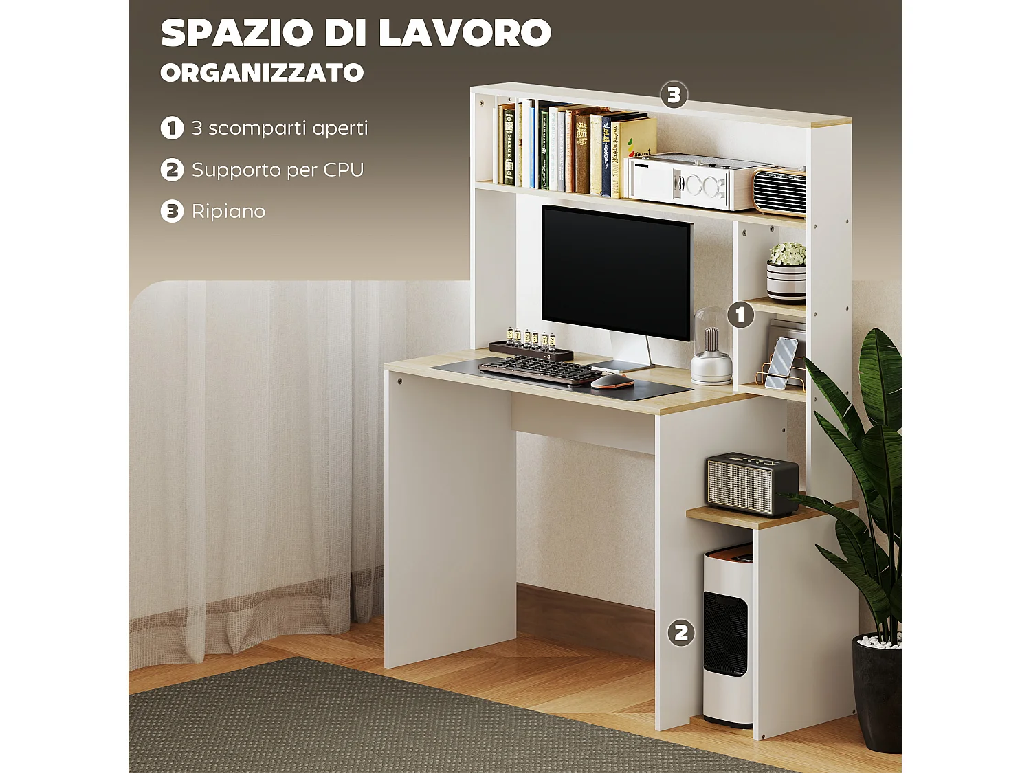Scrivania moderna per pc con scaffale in legno rovere e bianco
