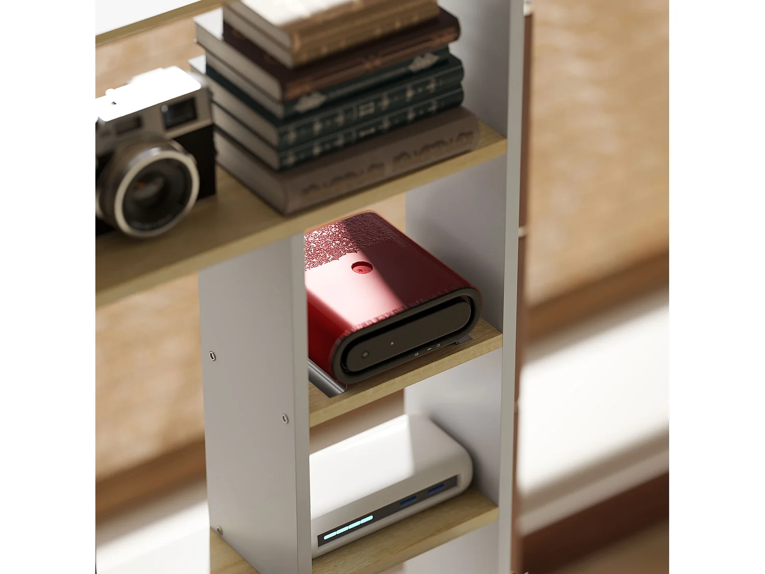 Scrivania moderna per pc con scaffale in legno rovere e bianco