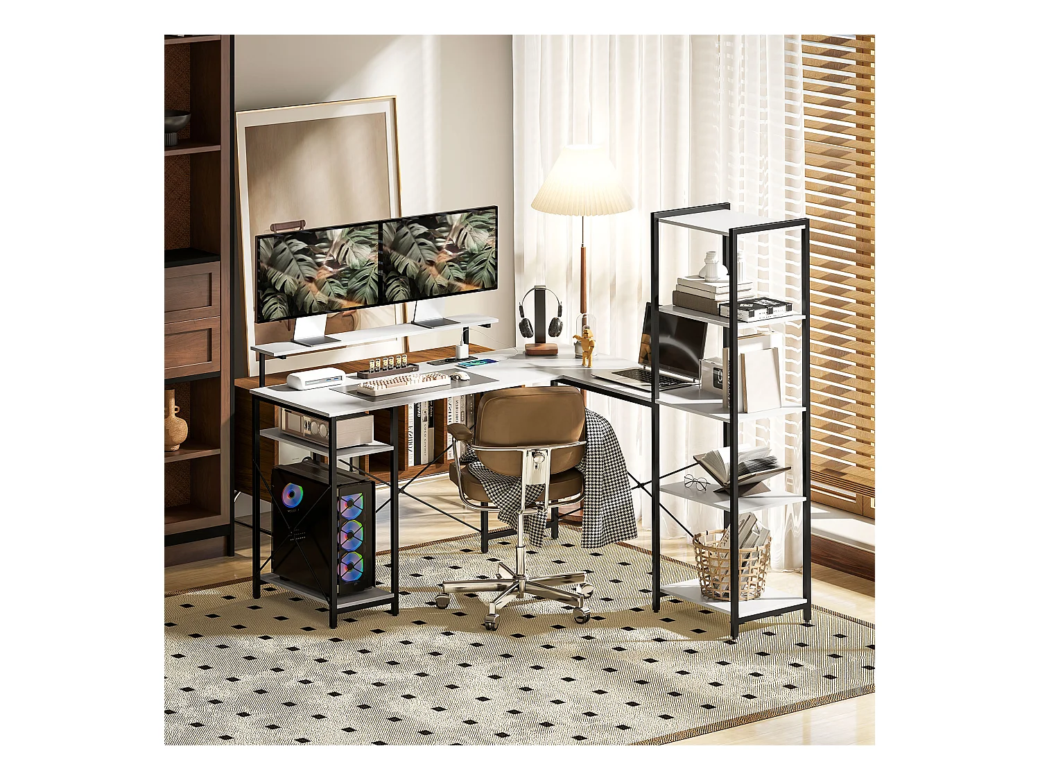 Scrivania angolare con prese usb e supporto monitor bianco e nero