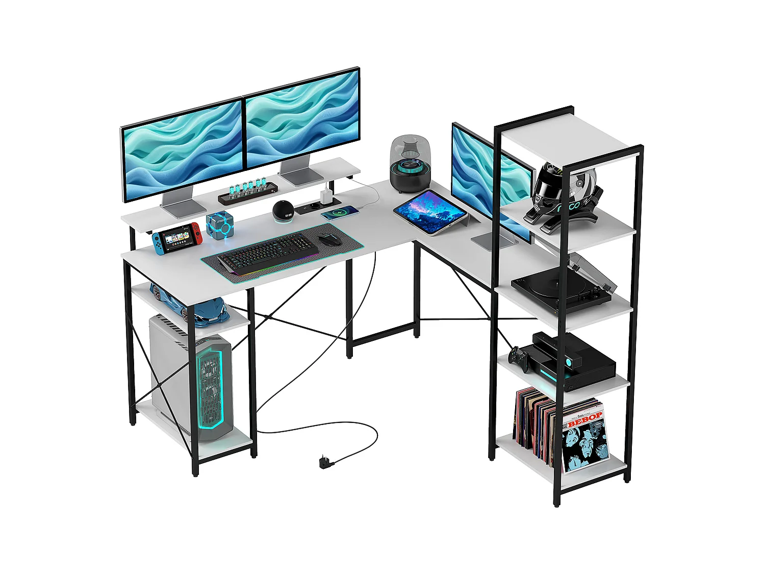 Scrivania angolare con prese usb e supporto monitor bianco e nero