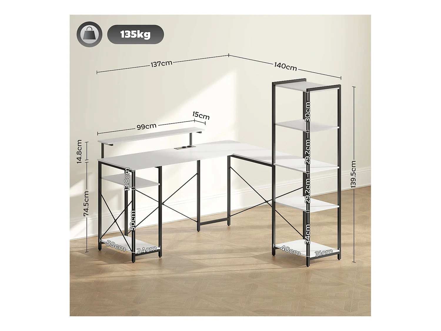 Scrivania angolare con prese usb e supporto monitor bianco e nero