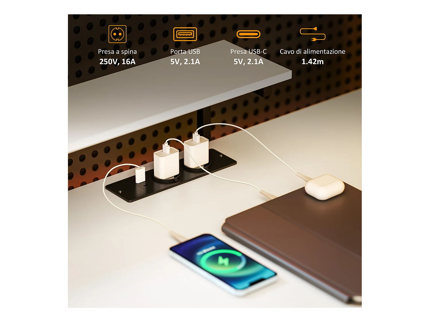 Scrivania angolare con prese usb e supporto monitor bianco e nero