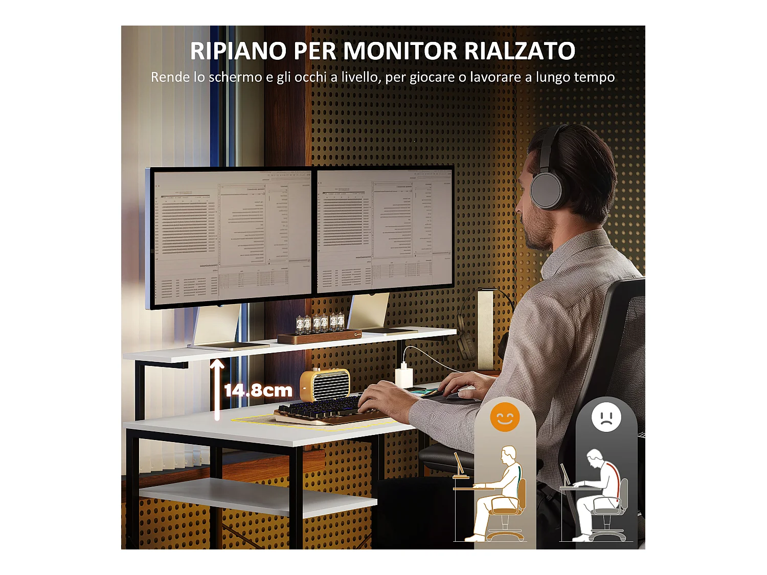 Scrivania angolare con prese usb e supporto monitor bianco e nero