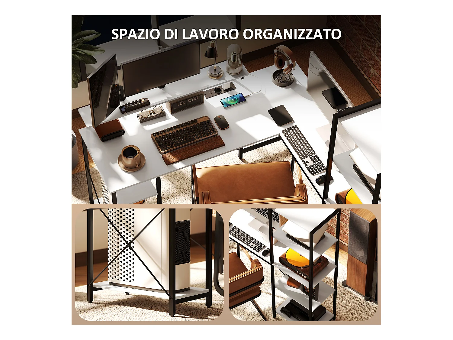 Scrivania angolare con prese usb e supporto monitor bianco e nero