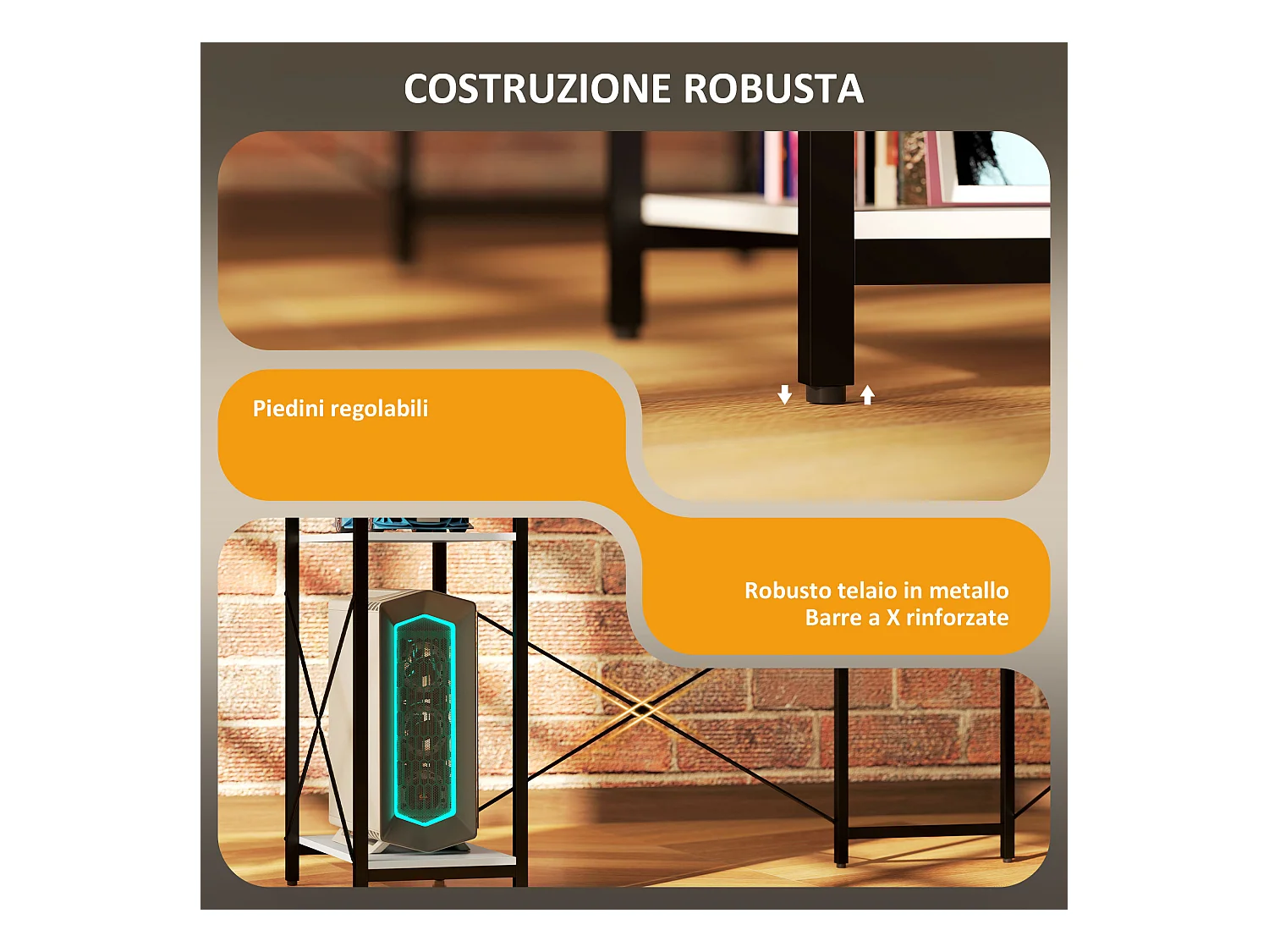 Scrivania angolare con prese usb e supporto monitor bianco e nero