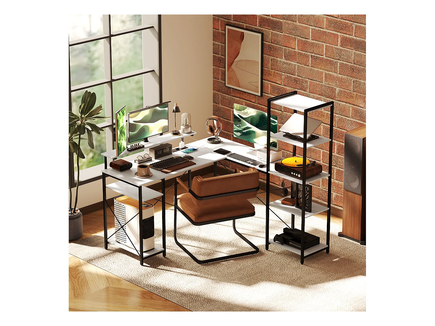 Scrivania angolare con prese usb e supporto monitor bianco e nero