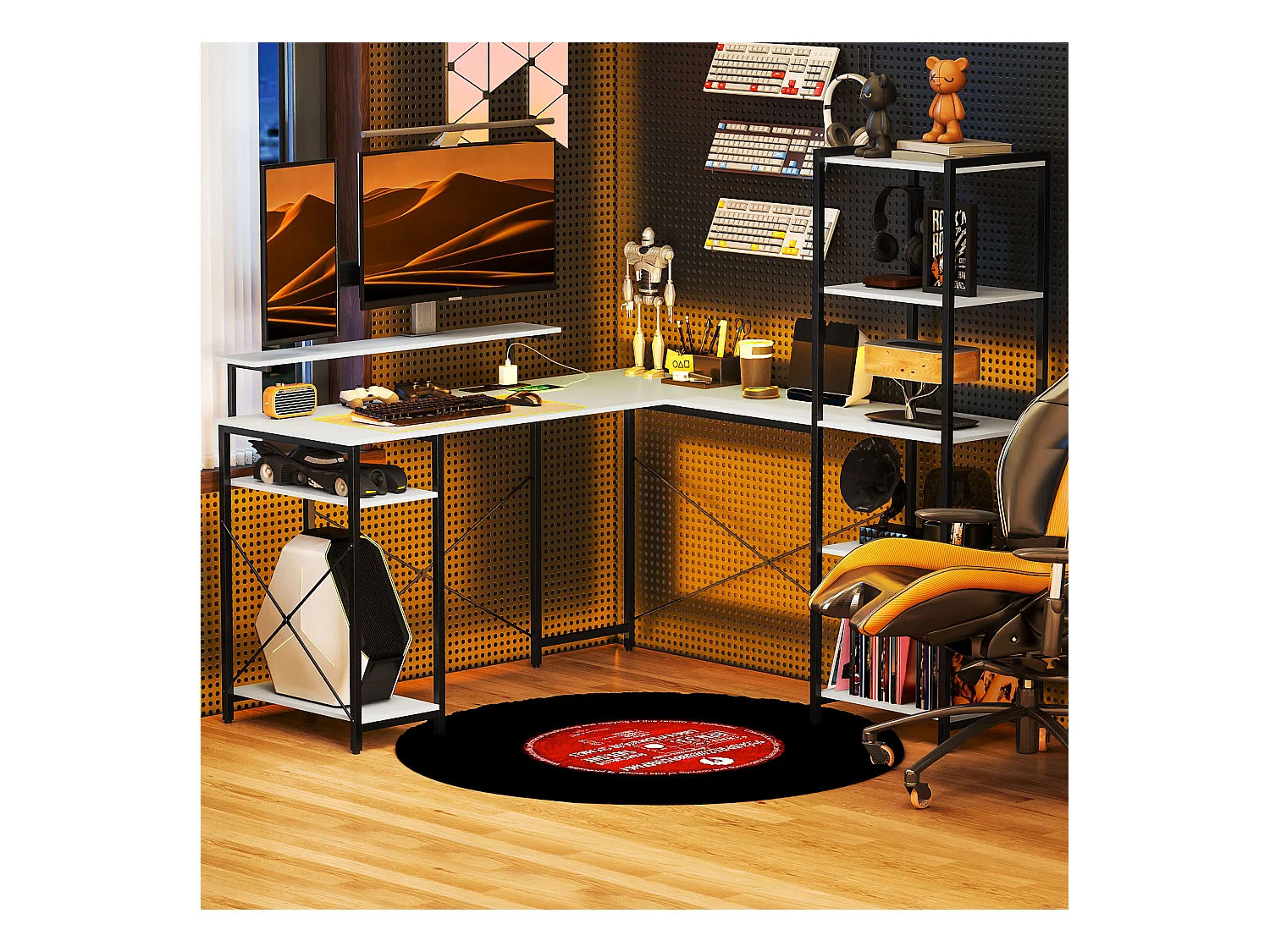 Scrivania angolare con prese usb e supporto monitor bianco e nero