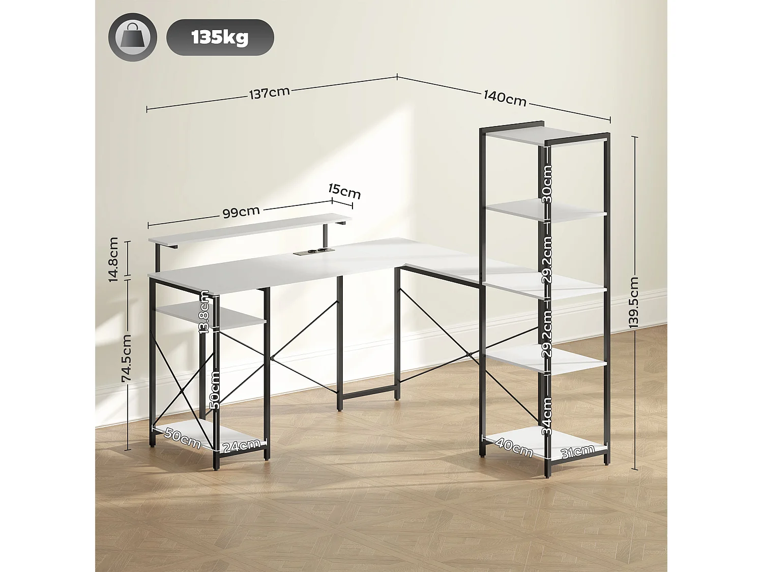Scrivania angolare con prese usb e supporto monitor bianco e nero