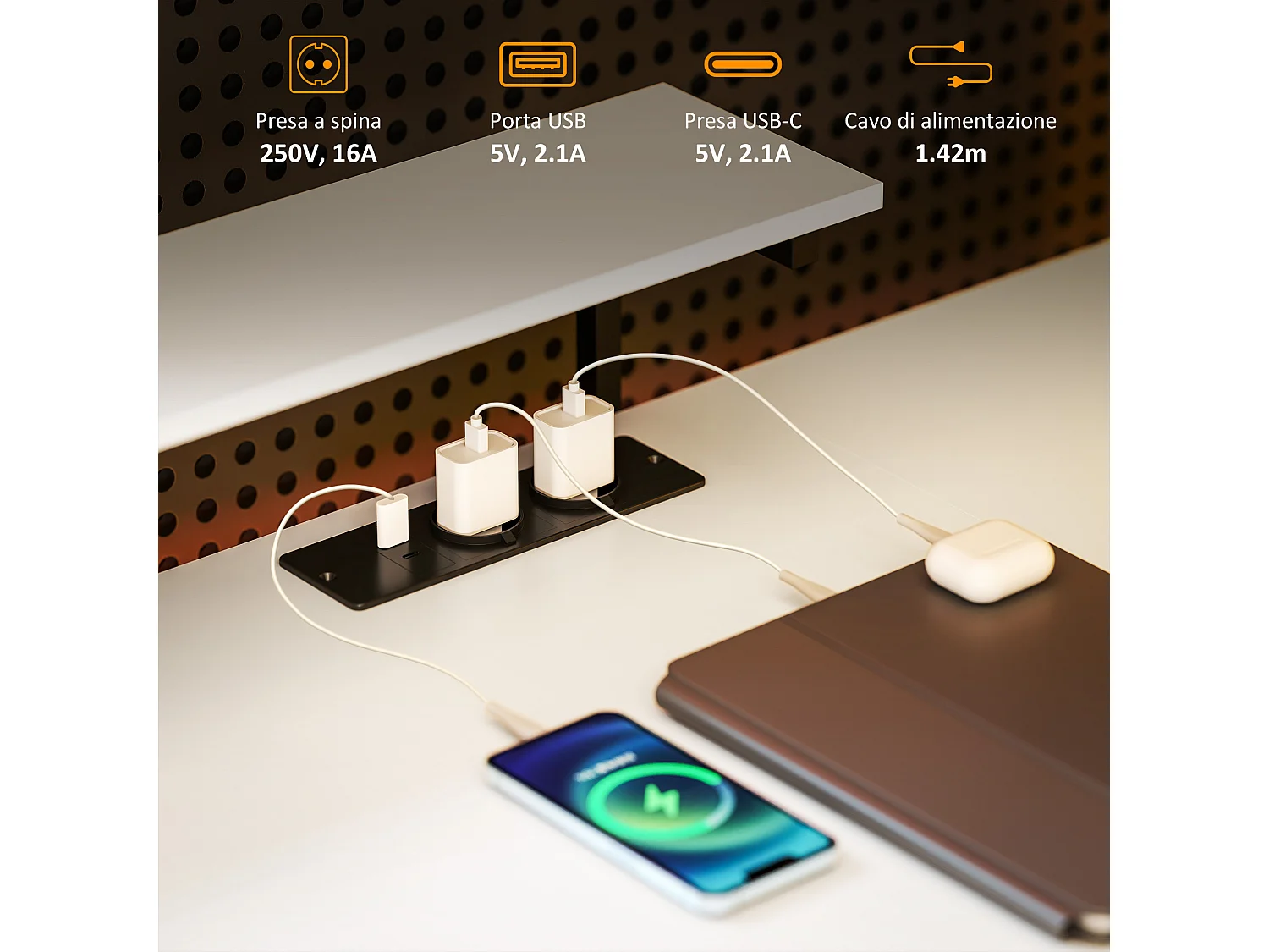 Scrivania angolare con prese usb e supporto monitor bianco e nero