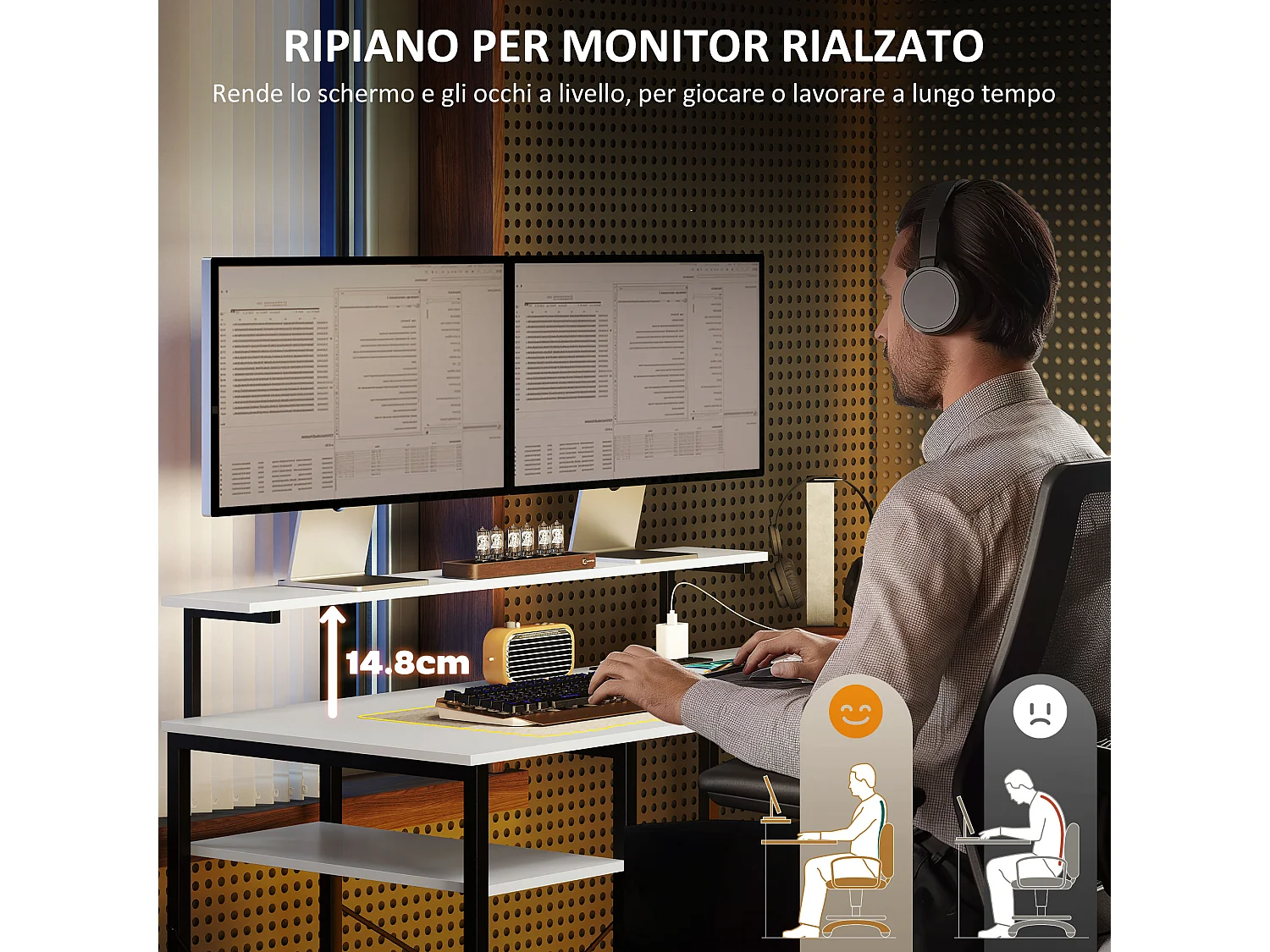 Scrivania angolare con prese usb e supporto monitor bianco e nero