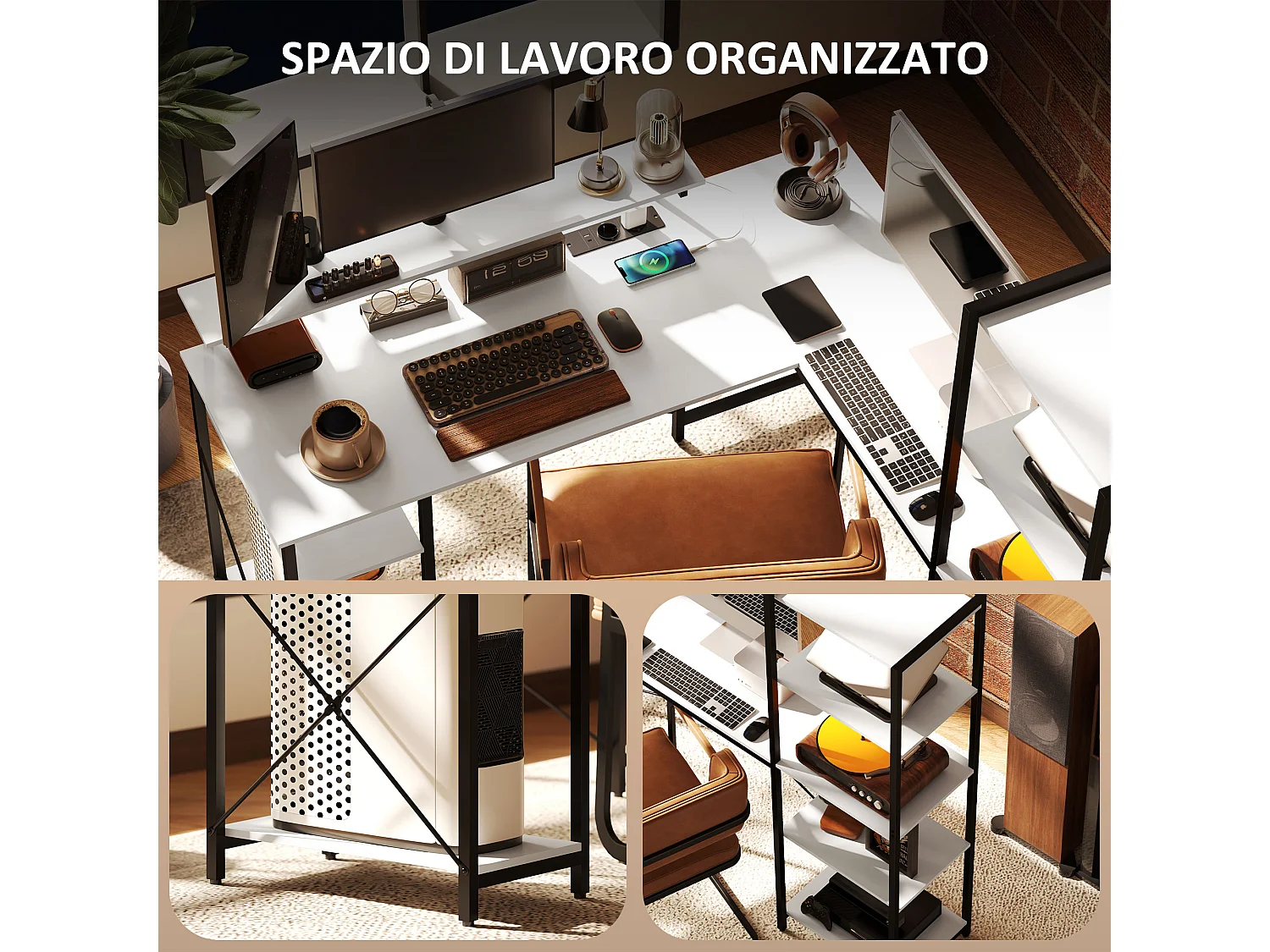 Scrivania angolare con prese usb e supporto monitor bianco e nero