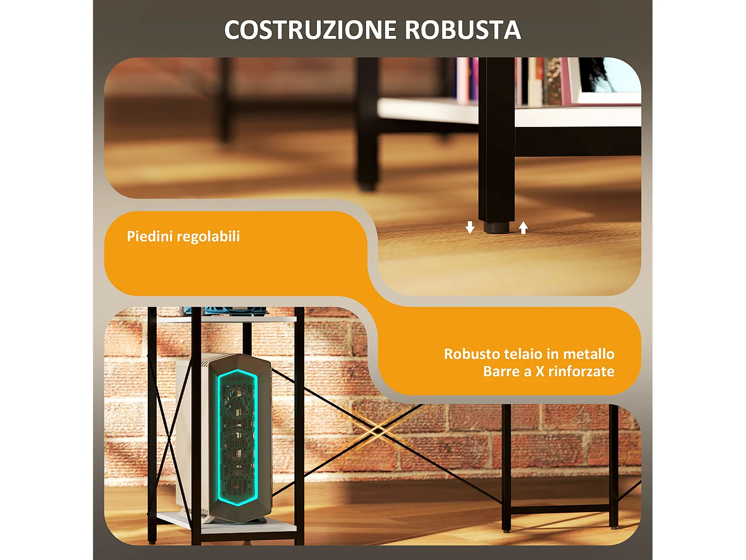 Scrivania angolare con prese usb e supporto monitor bianco e nero