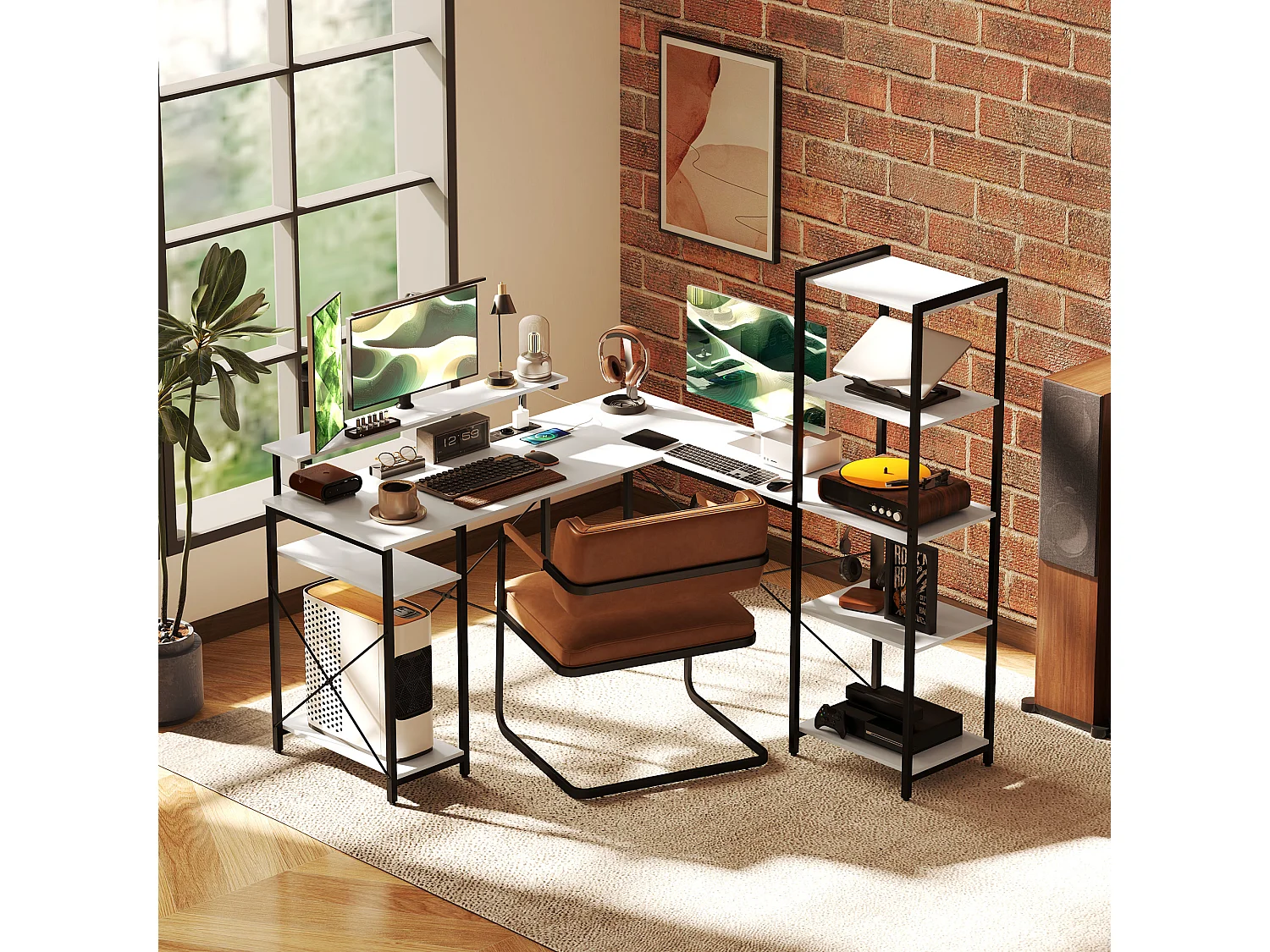 Scrivania angolare con prese usb e supporto monitor bianco e nero