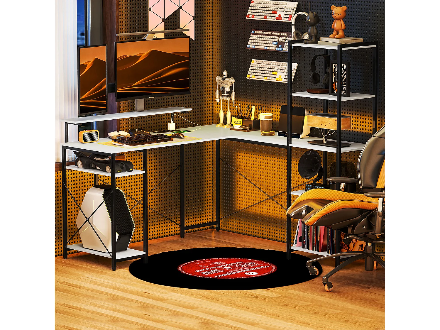 Scrivania angolare con prese usb e supporto monitor bianco e nero