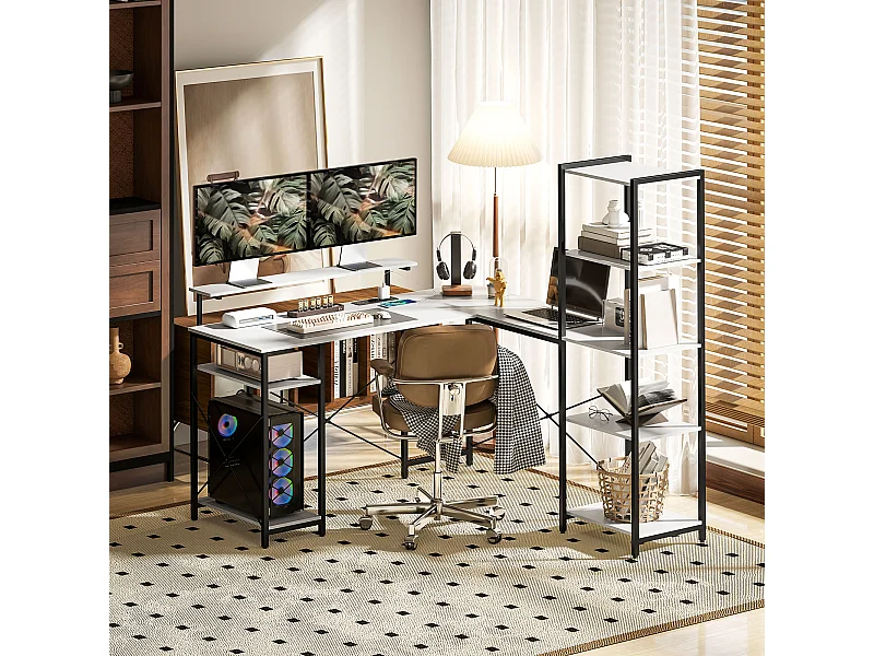 Scrivania angolare con prese usb e supporto monitor bianco e nero