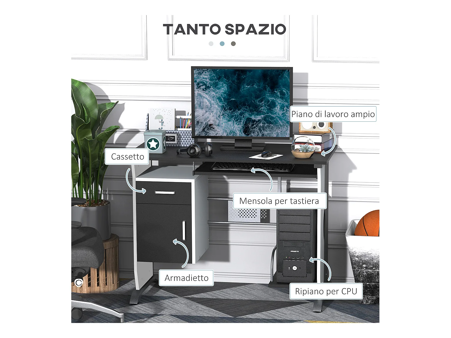 Scrivania per computer con cassetto armadietto e ripiano