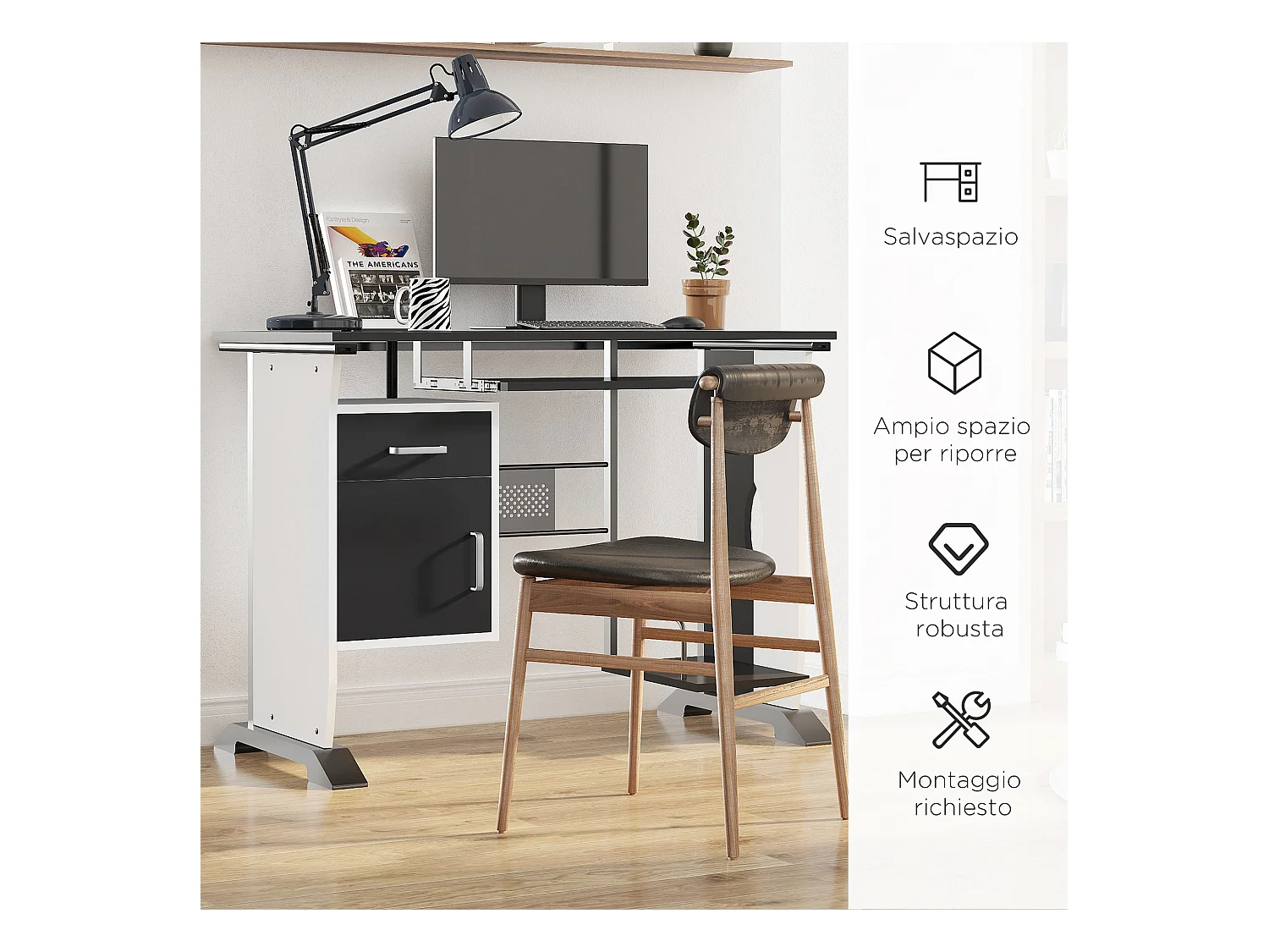 Scrivania per computer con cassetto armadietto e ripiano