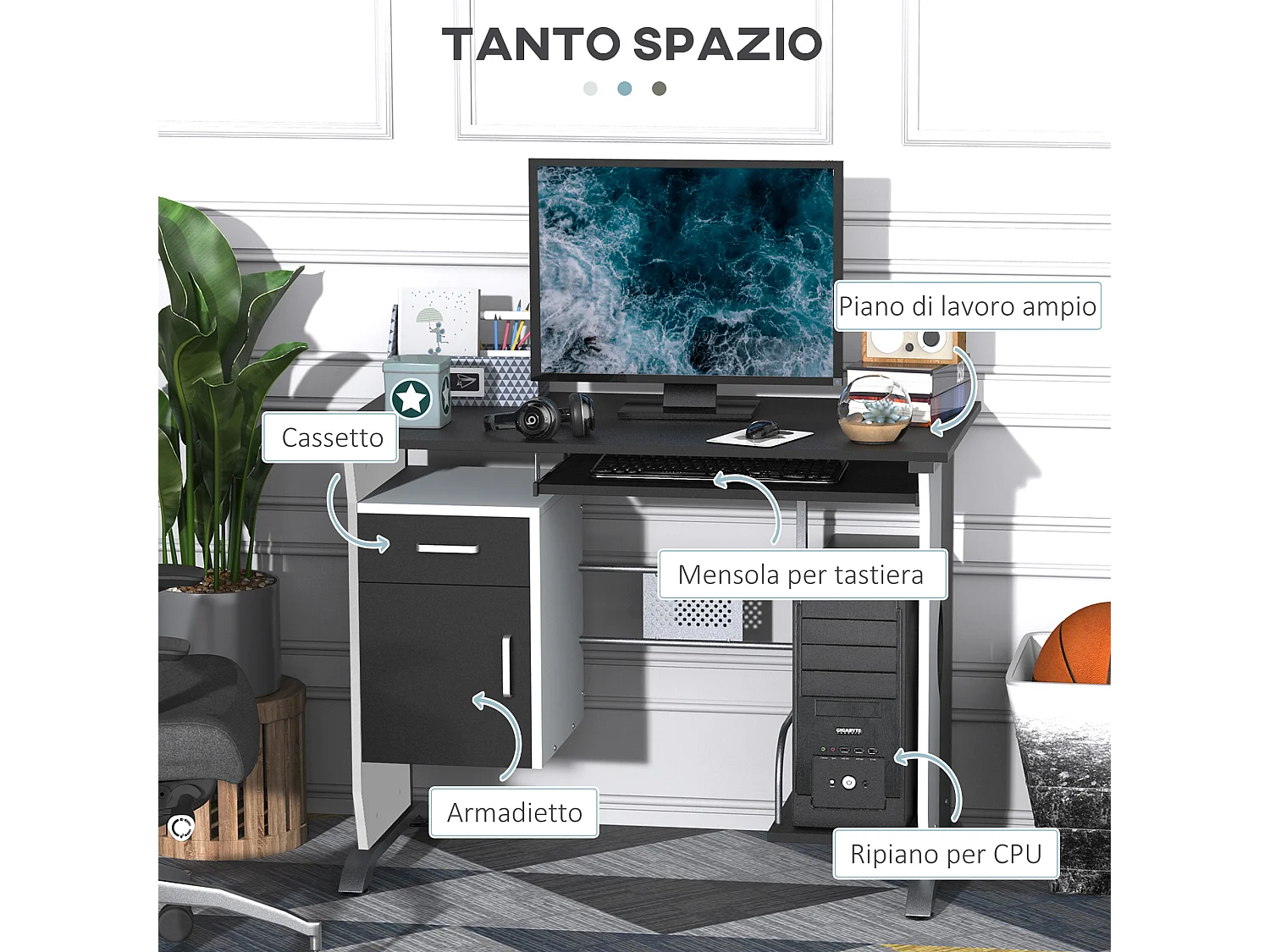 Scrivania per computer con cassetto armadietto e ripiano