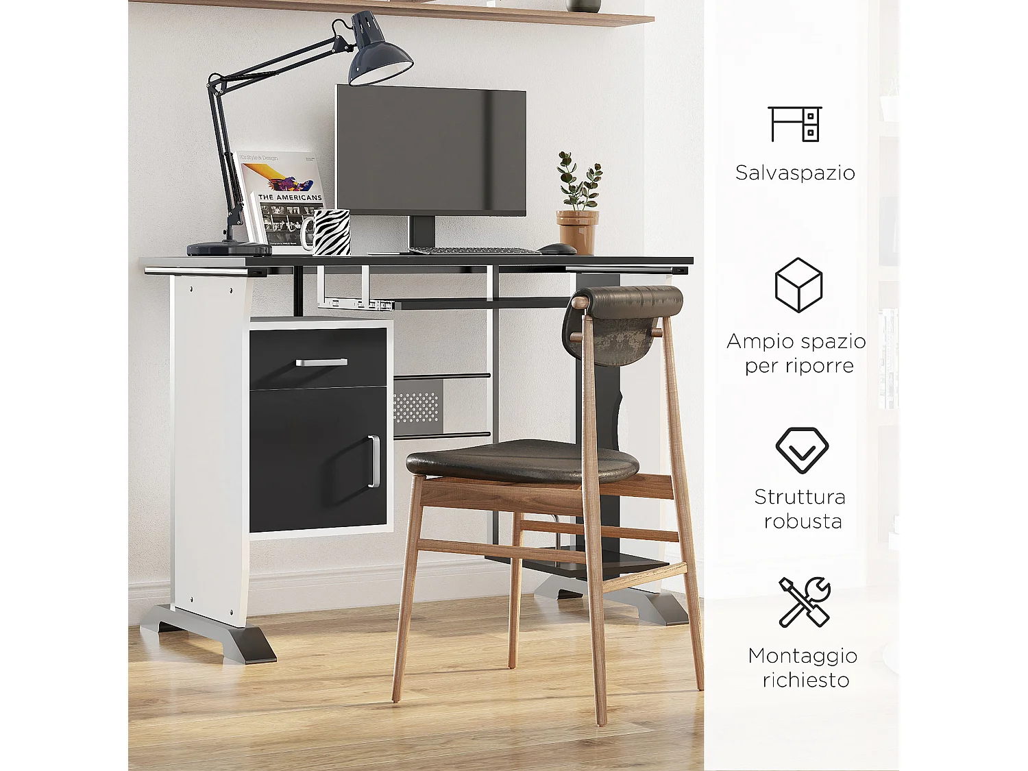 Scrivania per computer con cassetto armadietto e ripiano