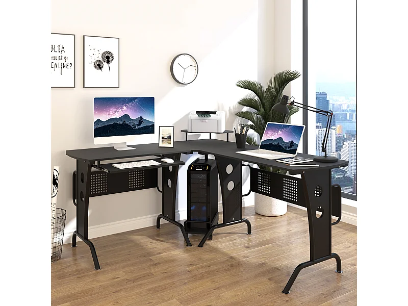 Scrivania angolare con ripiano tastiera in mdf e acciaio nera