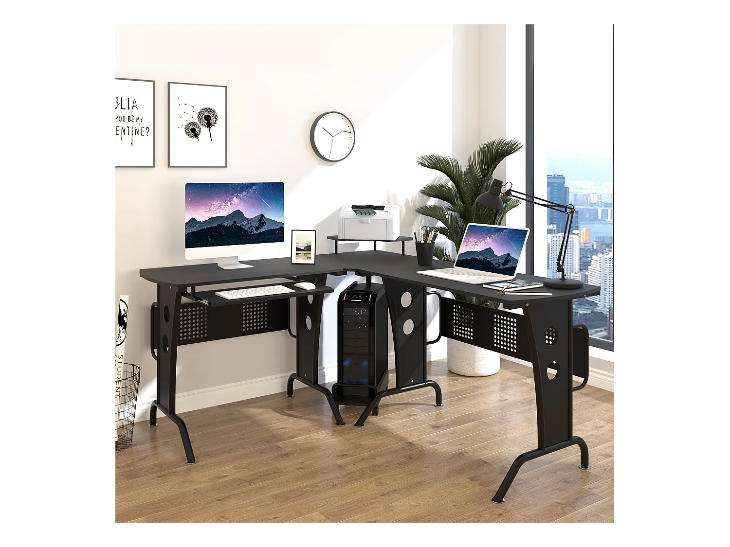 Scrivania angolare con ripiano tastiera in mdf e acciaio nera